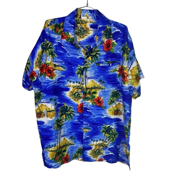 RINA HAWAIIN BUTTON DOWN SHIRT BLUE  SHORT SLEEVE PALM TREE BEACH VTG MEN LARGE - Picture 1 of 10